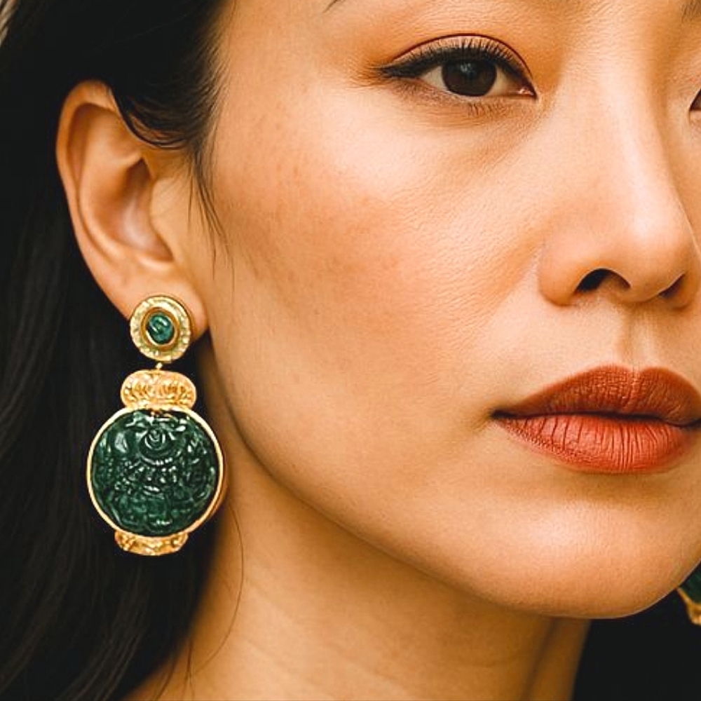 Neiman Marcus Gold-Tone Emerald Green Carved Glass Drop Earrings - Picture 4 of 4